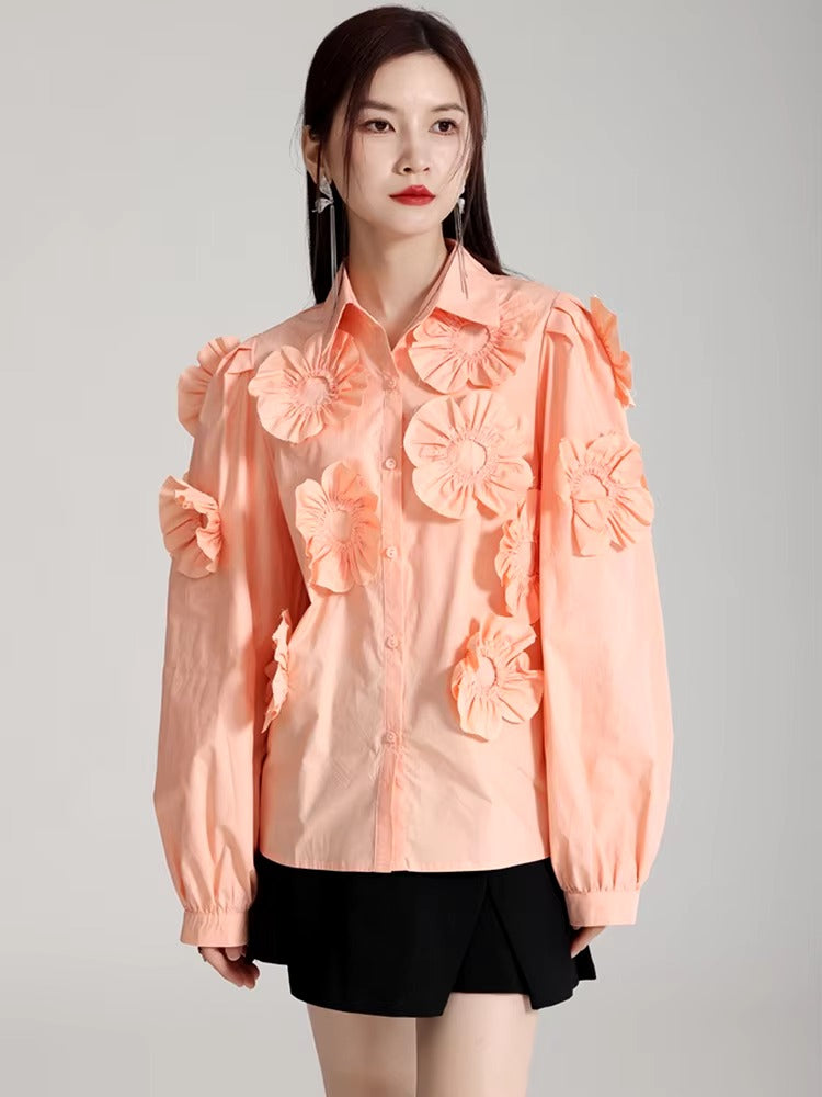 Elegant Flower Pleated Turn-down Collar Lapel Long Sleeve Blouse Shirt Mssza