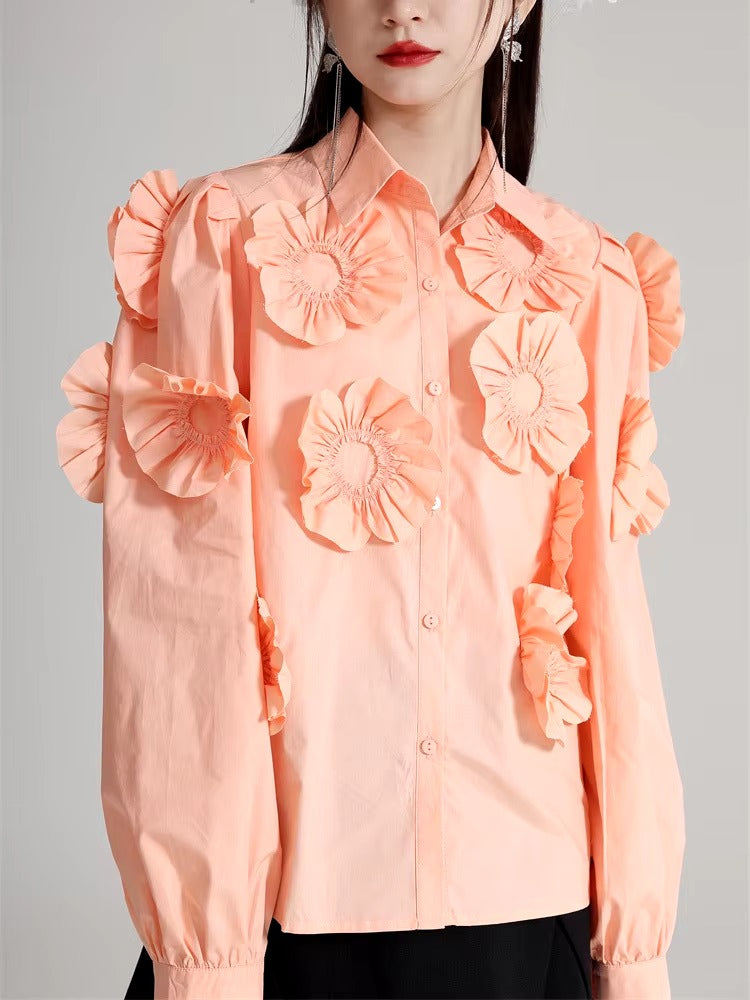 Elegant Flower Pleated Turn-down Collar Lapel Long Sleeve Blouse Shirt Mssza