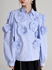 Elegant Flower Pleated Turn-down Collar Lapel Long Sleeve Blouse Shirt Mssza