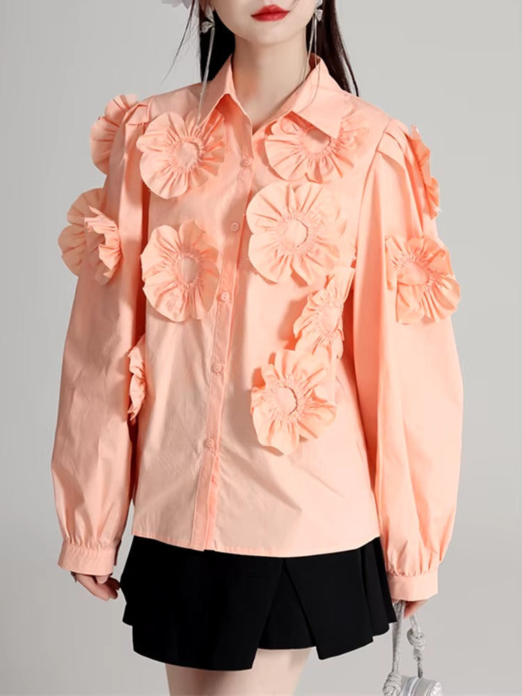 Elegant Flower Pleated Turn-down Collar Lapel Long Sleeve Blouse Shirt Mssza