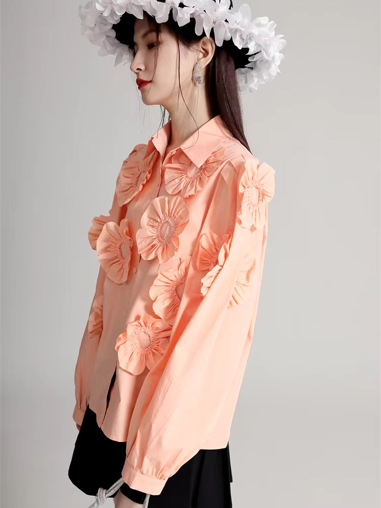 Elegant Flower Pleated Turn-down Collar Lapel Long Sleeve Blouse Shirt Mssza