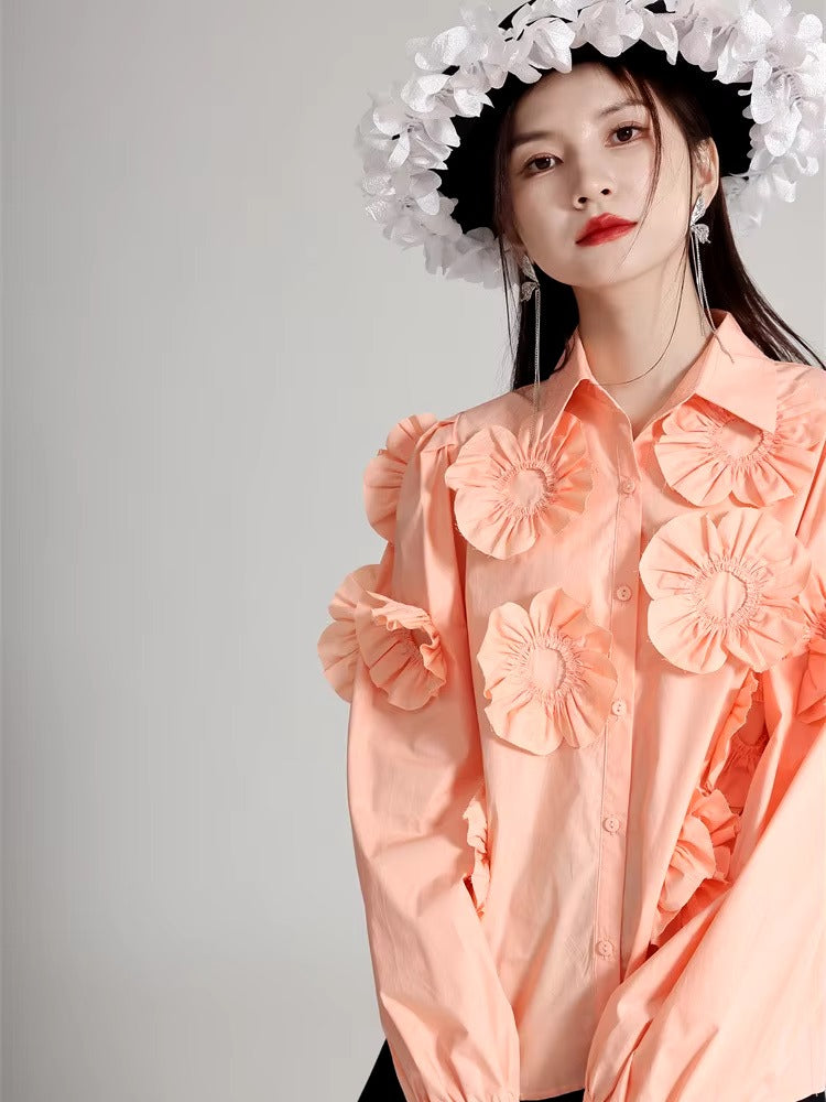 Elegant Flower Pleated Turn-down Collar Lapel Long Sleeve Blouse Shirt Mssza