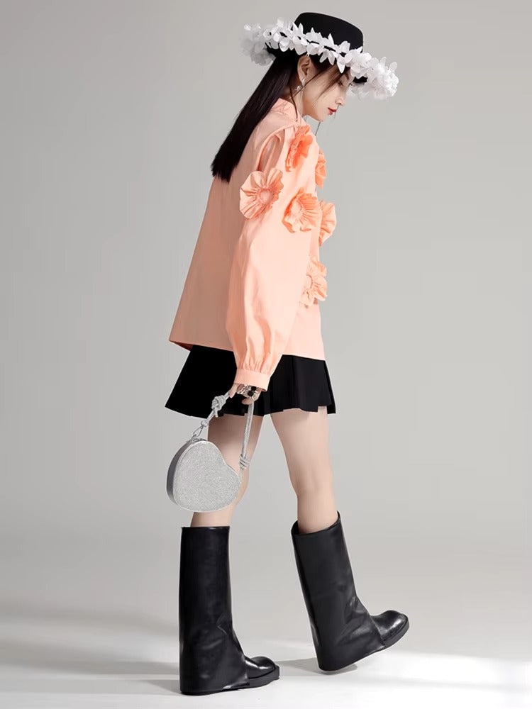 Elegant Flower Pleated Turn-down Collar Lapel Long Sleeve Blouse Shirt Mssza