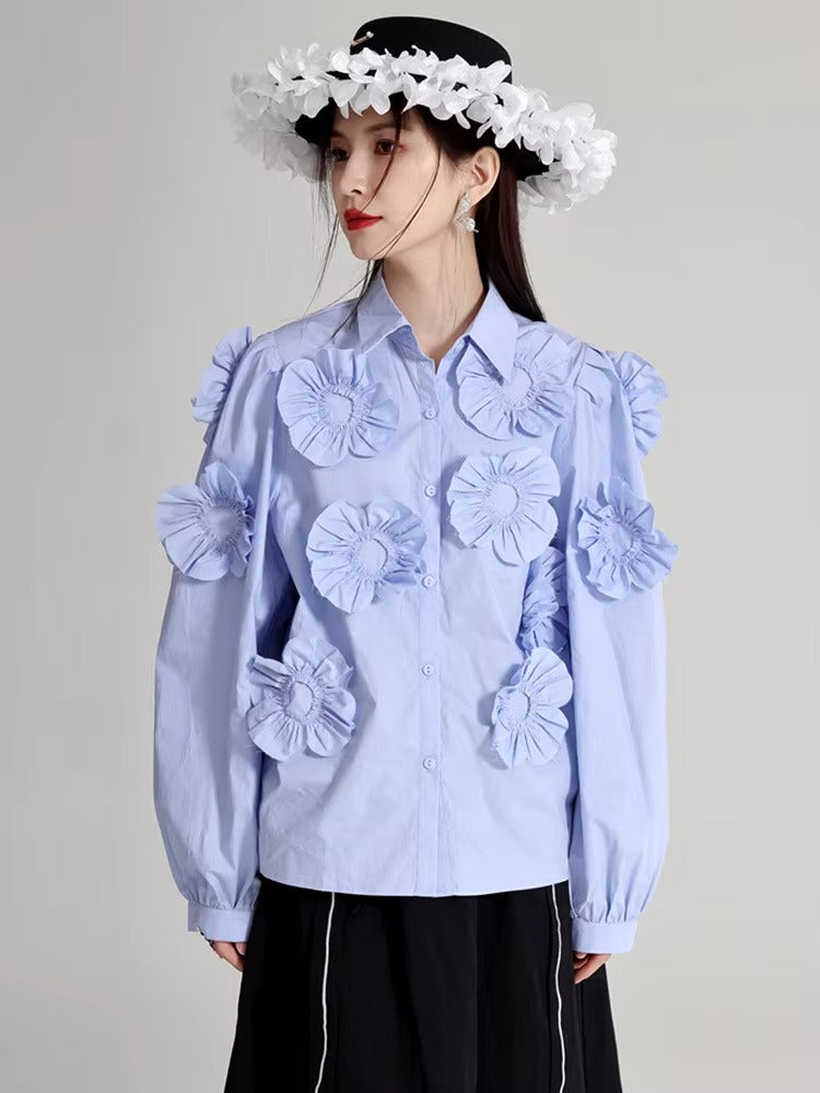 Elegant Flower Pleated Turn-down Collar Lapel Long Sleeve Blouse Shirt Mssza