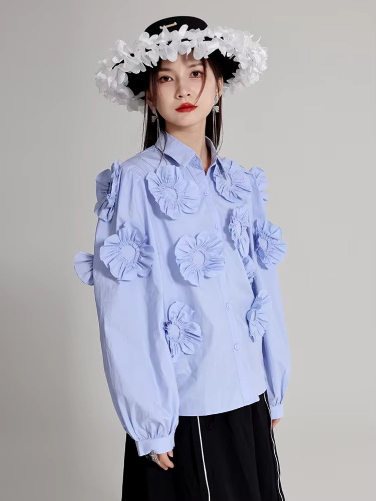 Elegant Flower Pleated Turn-down Collar Lapel Long Sleeve Blouse Shirt Mssza