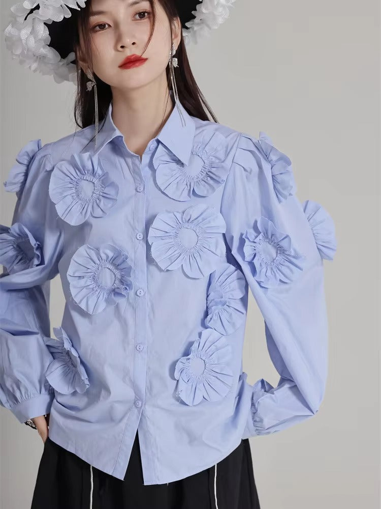 Elegant Flower Pleated Turn-down Collar Lapel Long Sleeve Blouse Shirt Mssza