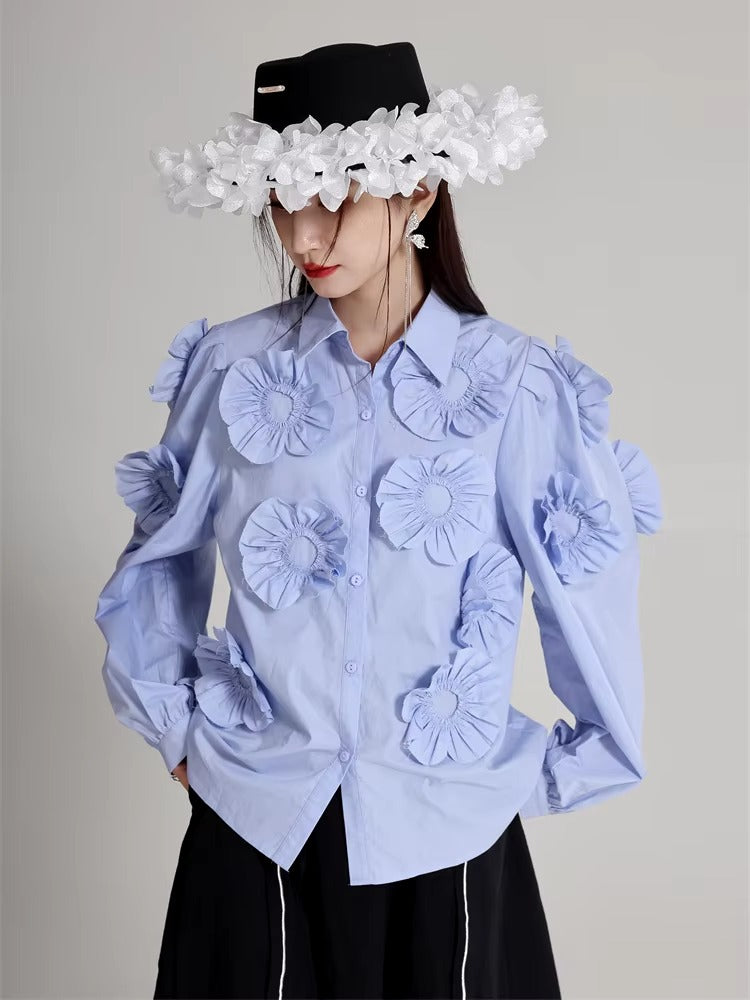 Elegant Flower Pleated Turn-down Collar Lapel Long Sleeve Blouse Shirt Mssza