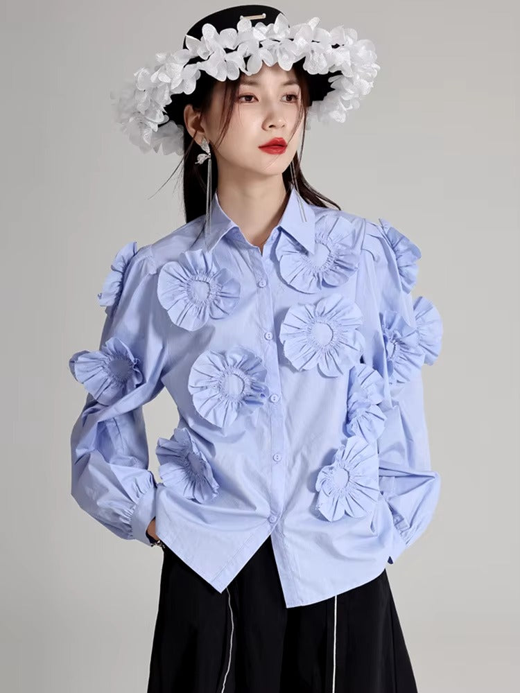 Elegant Flower Pleated Turn-down Collar Lapel Long Sleeve Blouse Shirt Mssza