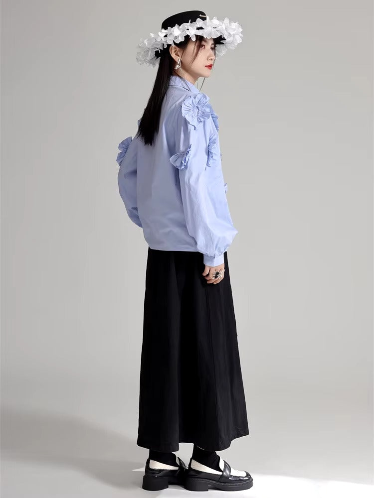 Elegant Flower Pleated Turn-down Collar Lapel Long Sleeve Blouse Shirt Mssza