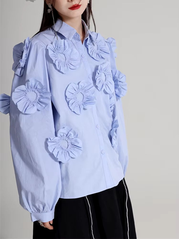 Elegant Flower Pleated Turn-down Collar Lapel Long Sleeve Blouse Shirt Mssza