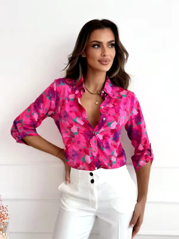 Elegant Flower Print Long Sleeve Regular Fit Blouse Shirt Mssza