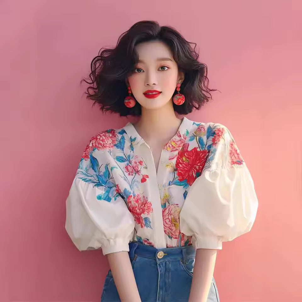 Elegant Flower Print Unique Design Lapel Puff Sleeve Button Blouses Shirt Mssza