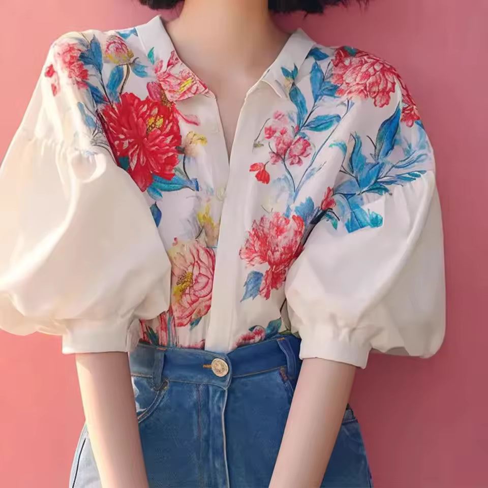 Elegant Flower Print Unique Design Lapel Puff Sleeve Button Blouses Shirt Mssza