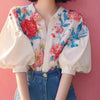 Elegant Flower Print Unique Design Lapel Puff Sleeve Button Blouses Shirt Mssza