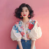 Elegant Flower Print Unique Design Lapel Puff Sleeve Button Blouses Shirt Mssza