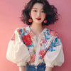 Elegant Flower Print Unique Design Lapel Puff Sleeve Button Blouses Shirt Mssza