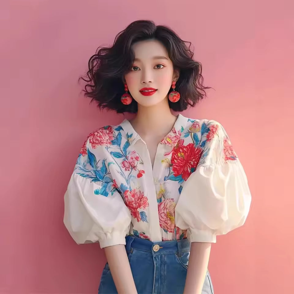 Elegant Flower Print Unique Design Lapel Puff Sleeve Button Blouses Shirt Mssza