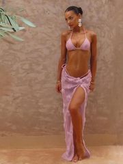 Elegant Flowers Knit Beach Style Halter Wrapped Skirts Ankle-Length 3-Piece Suits Mssza