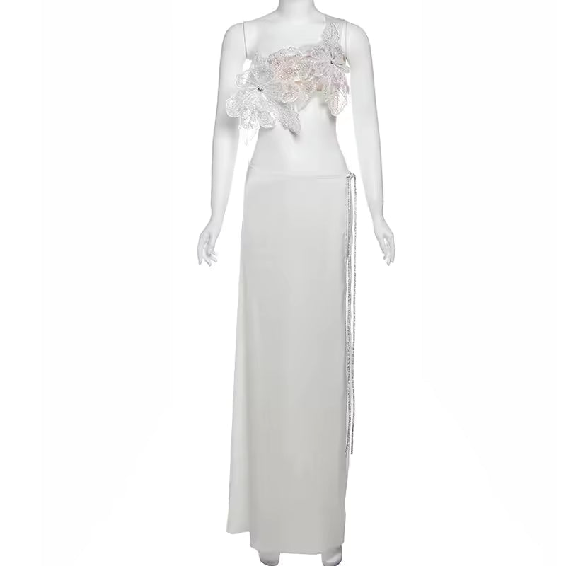 Elegant Flowers Skew Collar Lace Up Tank Crop Tops And Split Maxi Skirts 2 Piece Set Mssza