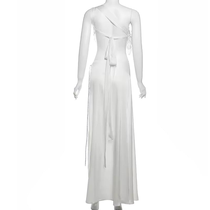 Elegant Flowers Skew Collar Lace Up Tank Crop Tops And Split Maxi Skirts 2 Piece Set Mssza