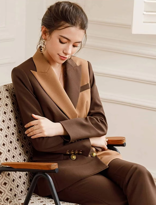 Elegant Formal Double Breasted Peak Lapel Business Blazer Office Lady Slim Fit 2 Piece Suits Mssza
