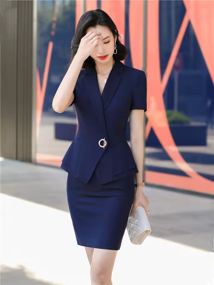 Elegant Formal Lantern Sleeve Blazer And Skirt 2 Piece Suit Mssza