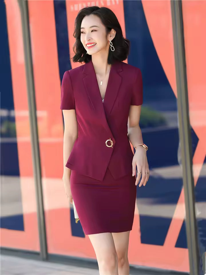 Elegant Formal Lantern Sleeve Blazer And Skirt 2 Piece Suit Mssza