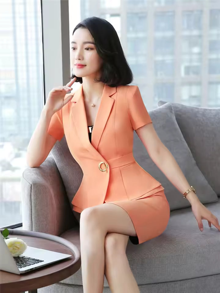 Elegant Formal Lantern Sleeve Blazer And Skirt 2 Piece Suit Mssza