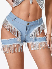 Elegant Fringed Skinny Denim Shorts With Cutout Design Mssza