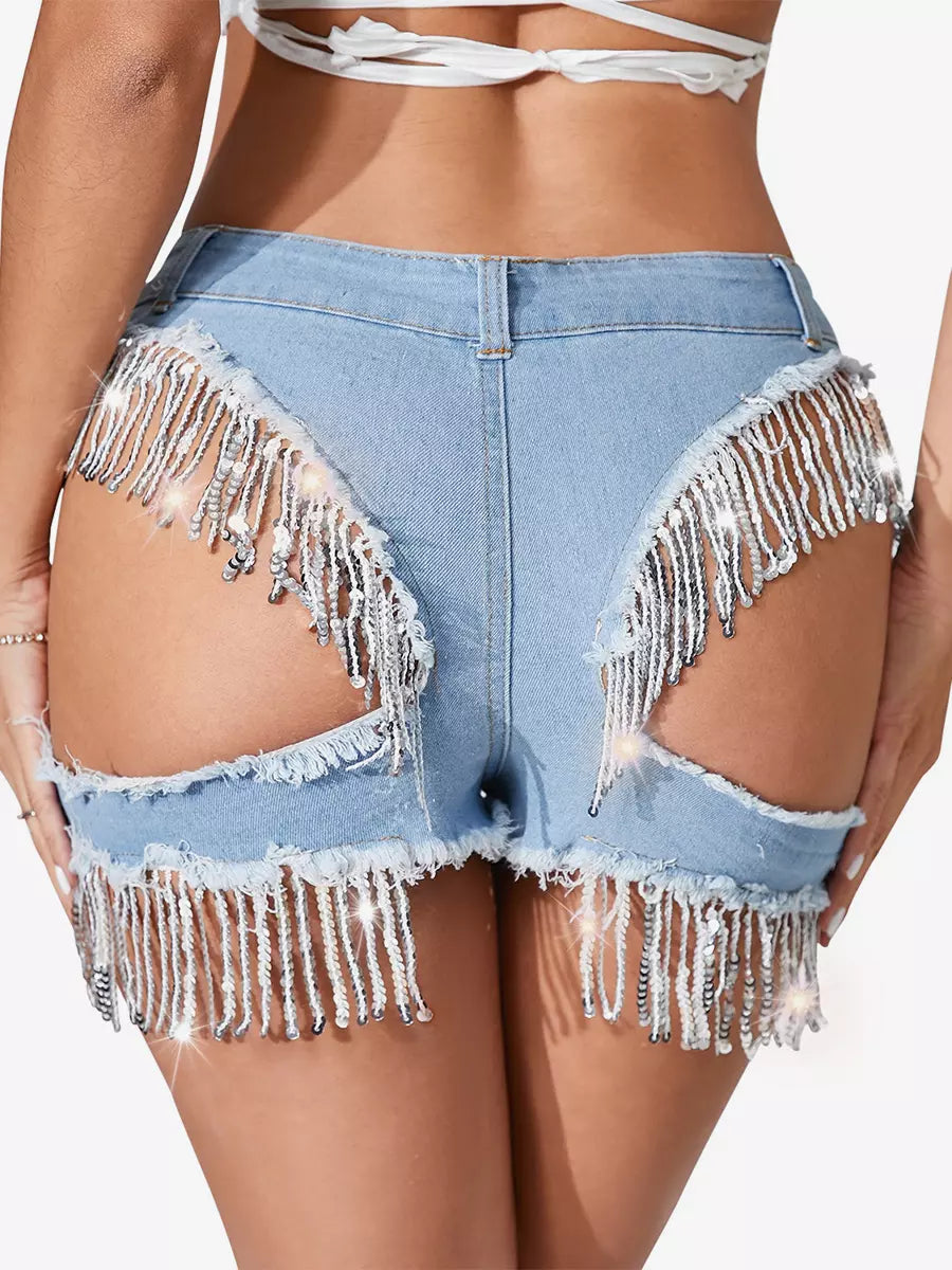 Elegant Fringed Skinny Denim Shorts With Cutout Design Mssza