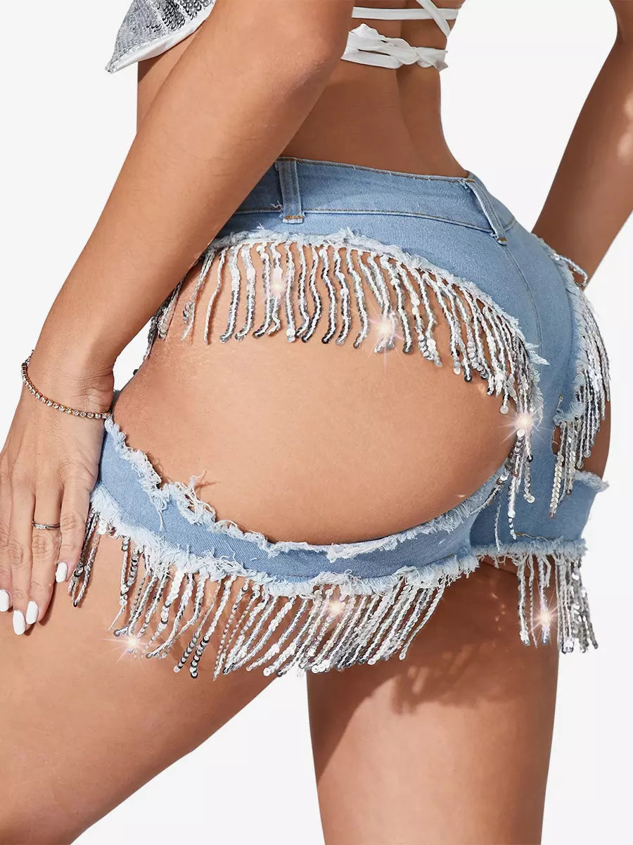 Elegant Fringed Skinny Denim Shorts With Cutout Design Mssza