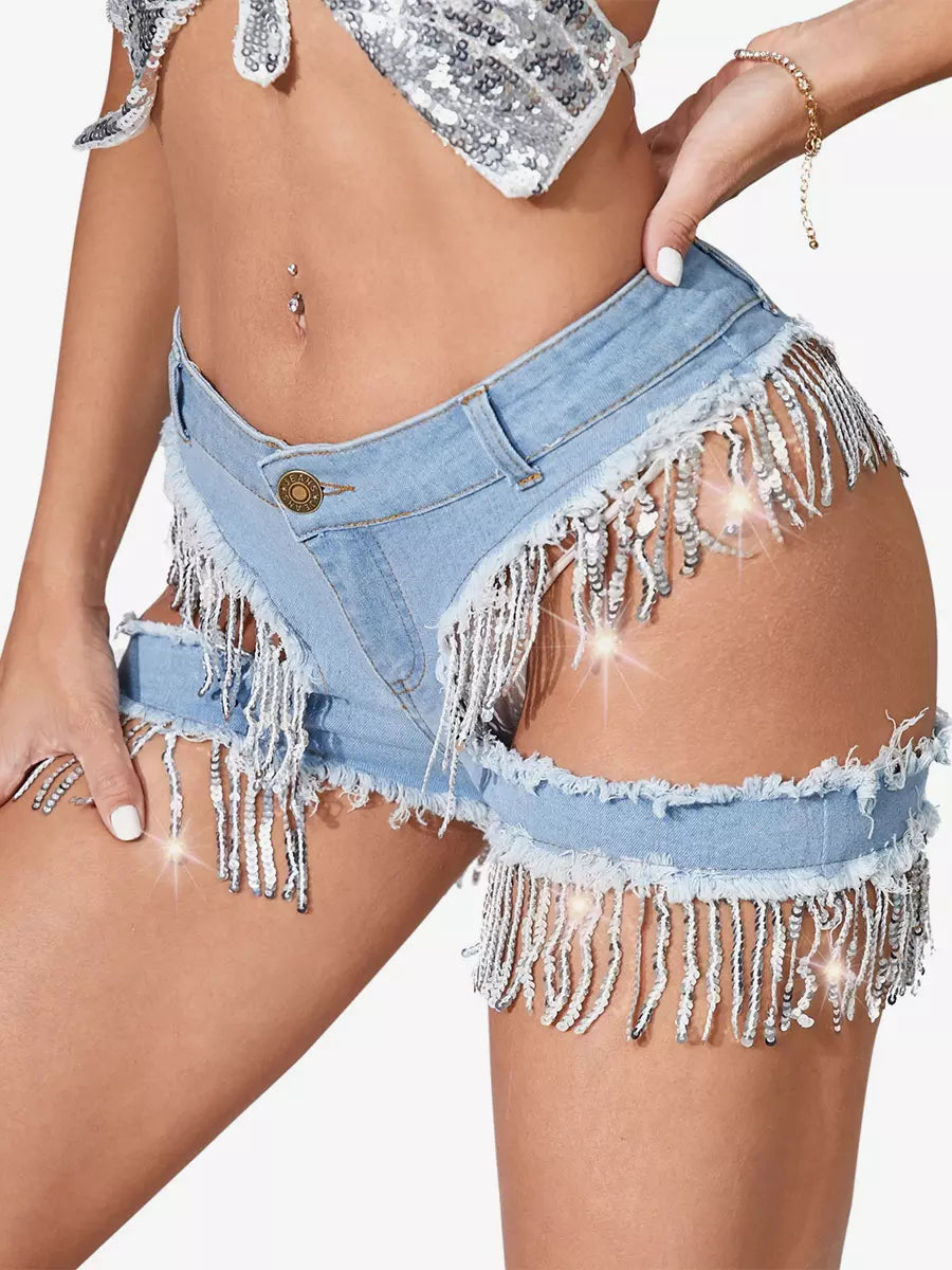 Elegant Fringed Skinny Denim Shorts With Cutout Design Mssza