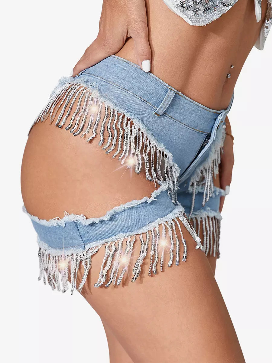 Elegant Fringed Skinny Denim Shorts With Cutout Design Mssza