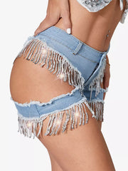 Elegant Fringed Skinny Denim Shorts With Cutout Design Mssza