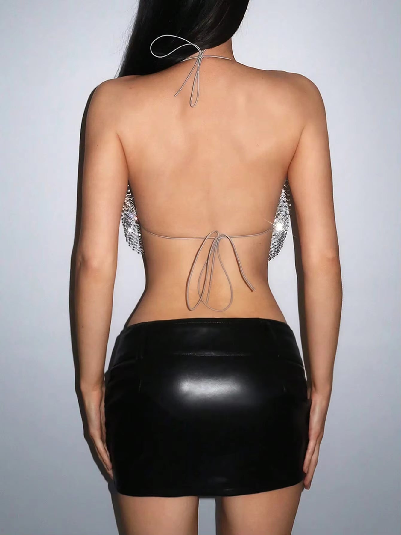 Elegant Full  Mesh Backless Halter Neck Hollow Out See Through Crop Top Mssza