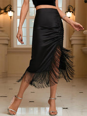 Elegant Solid Color Pleated Slit Bottoms With Fringe Full Skirt Mssza