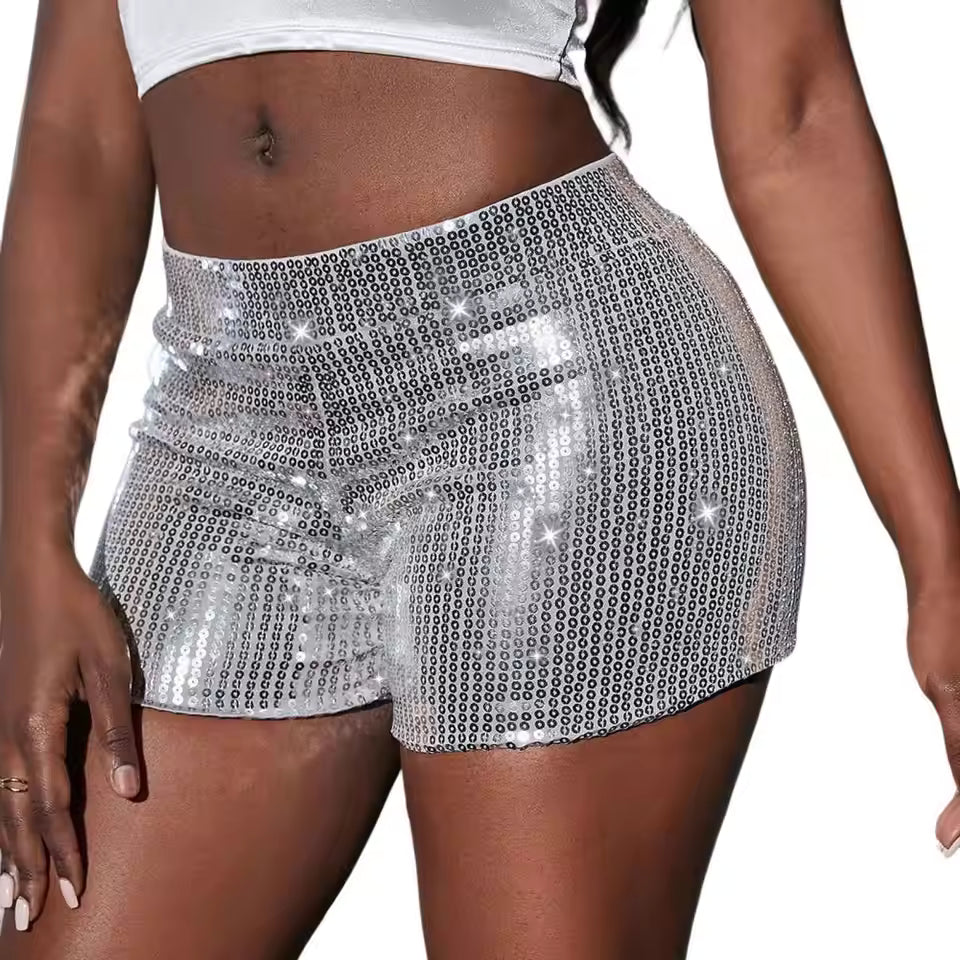 Elegant Glittery High Waist Sequins Straight Leg Shorts Mssza