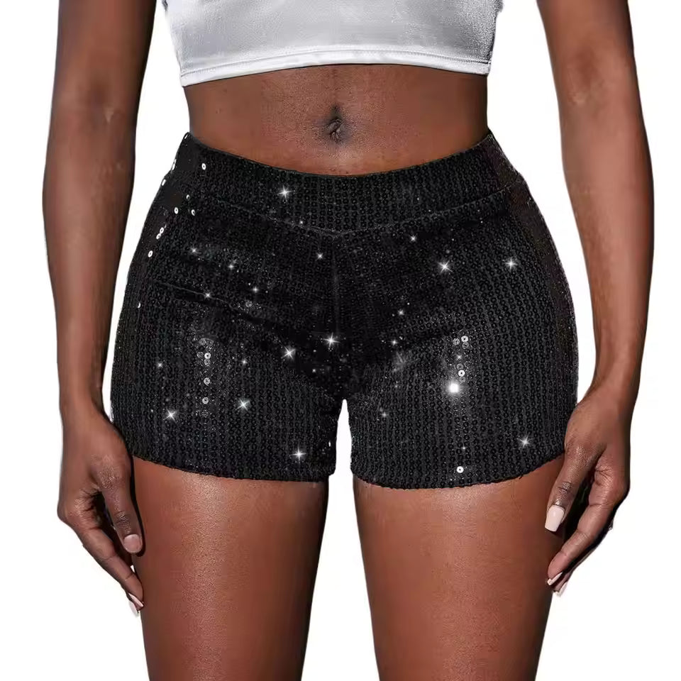 Elegant Glittery High Waist Sequins Straight Leg Shorts Mssza