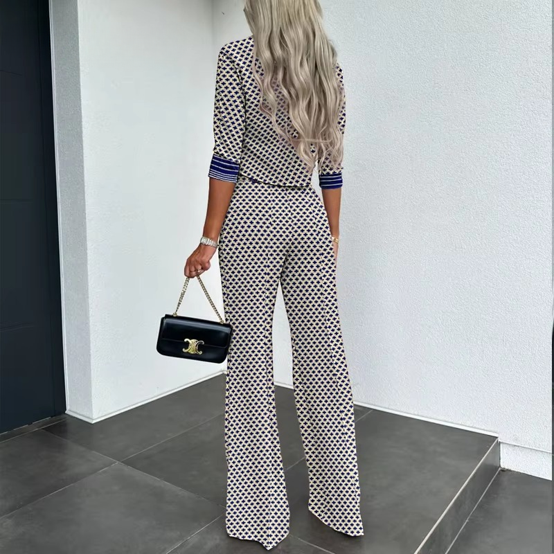 Elegant Half Long Sleeves Scarf Collar Top Bottoms Straight Pants Sets Mssza