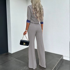 Elegant Half Long Sleeves Scarf Collar Top Bottoms Straight Pants Sets Mssza