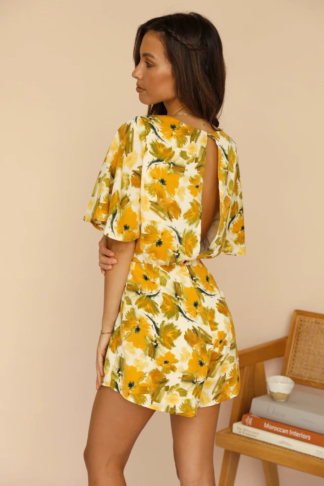 Elegant Half Sleeve Printed Back Split Strap Mid Waist Off Jumpsuit Mssza