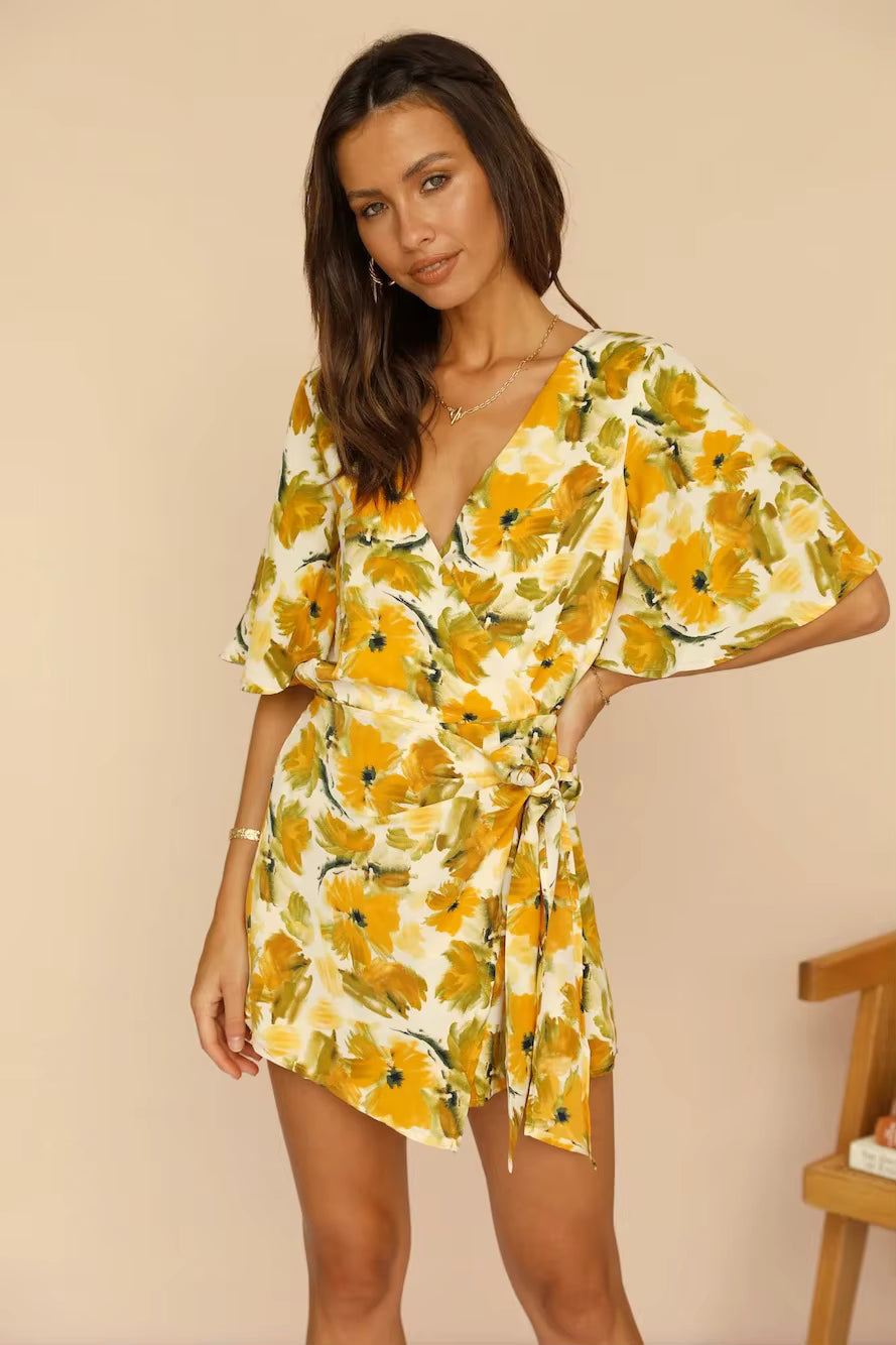 Elegant Half Sleeve Printed Back Split Strap Mid Waist Off Jumpsuit Mssza