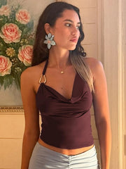 Elegant Halter Sleeveless Backless Slim Fit Metal Button Street Style Top Mssza