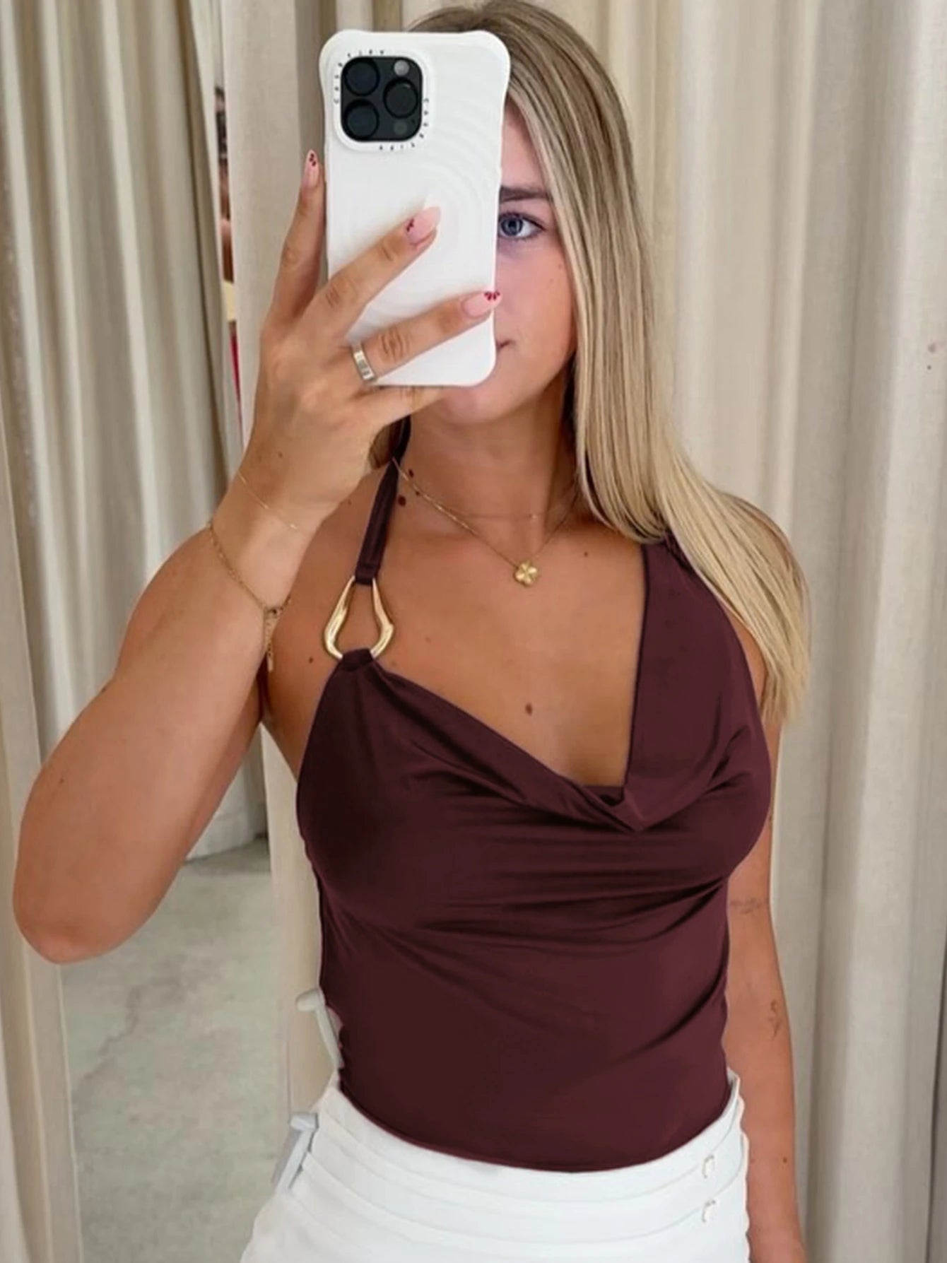 Elegant Halter Sleeveless Backless Slim Fit Metal Button Street Style Top Mssza