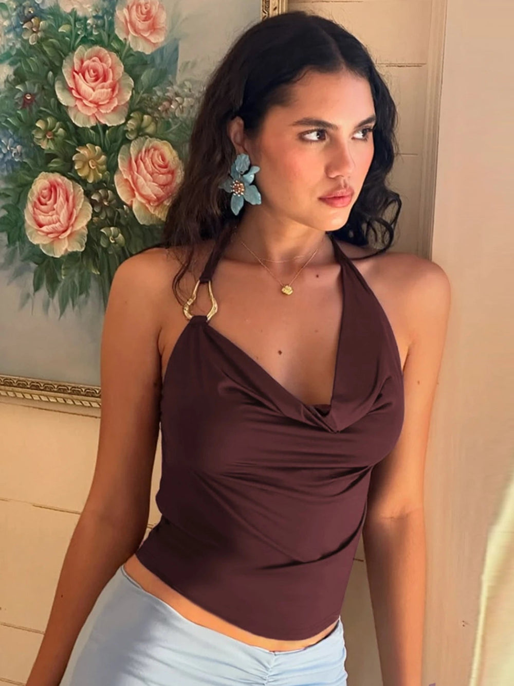 Elegant Halter Sleeveless Backless Slim Fit Metal Button Street Style Top Mssza