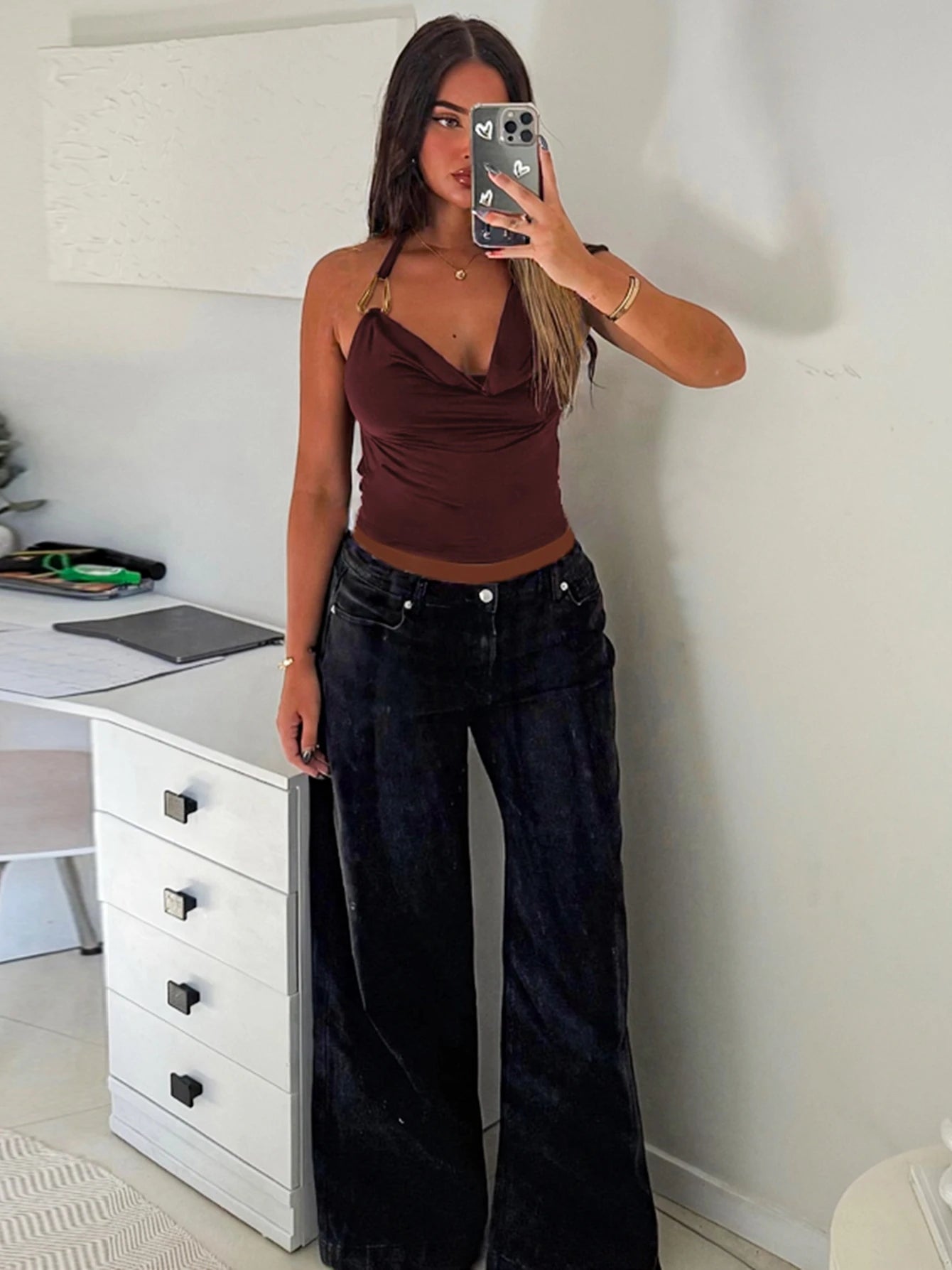 Elegant Halter Sleeveless Backless Slim Fit Metal Button Street Style Top Mssza