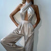 Elegant Halter Sleeveless Hollow Out Spliced Pocket Glossy Backless Jumpsuit Mssza