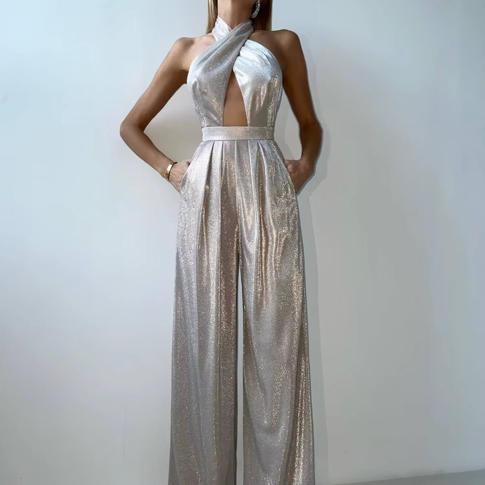 Elegant Halter Sleeveless Hollow Out Spliced Pocket Glossy Backless Jumpsuit Mssza