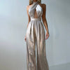 Elegant Halter Sleeveless Hollow Out Spliced Pocket Glossy Backless Jumpsuit Mssza