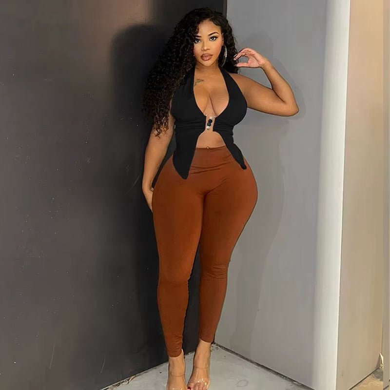 Elegant Halter V Neck Sleeveless Backless Ruched Club Crop Tops Mssza